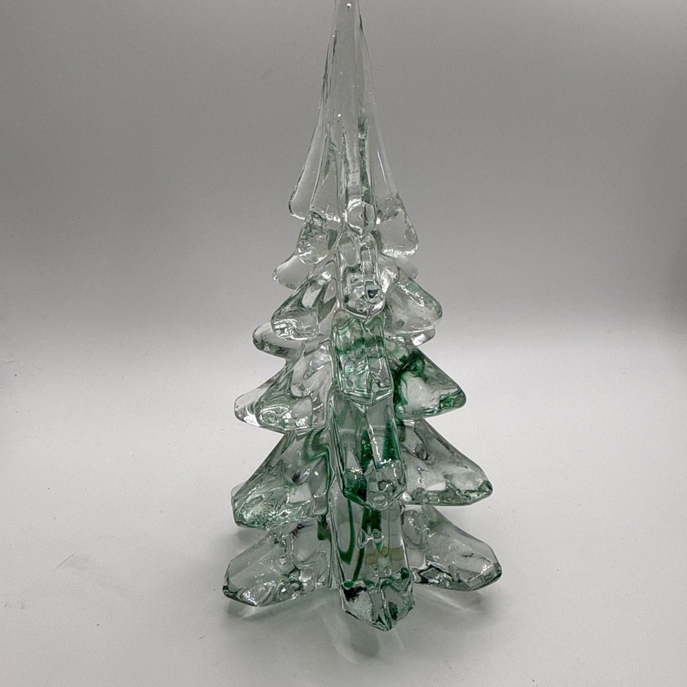 Vintage Clear w/ Green Ribbon Crystal Art Glass Christmas Tree 6.25 Inch Tall